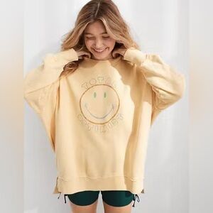 Aerie Yellow Total Optimist Smiley Face Graphic Camden Boho Style Sweatshirt S